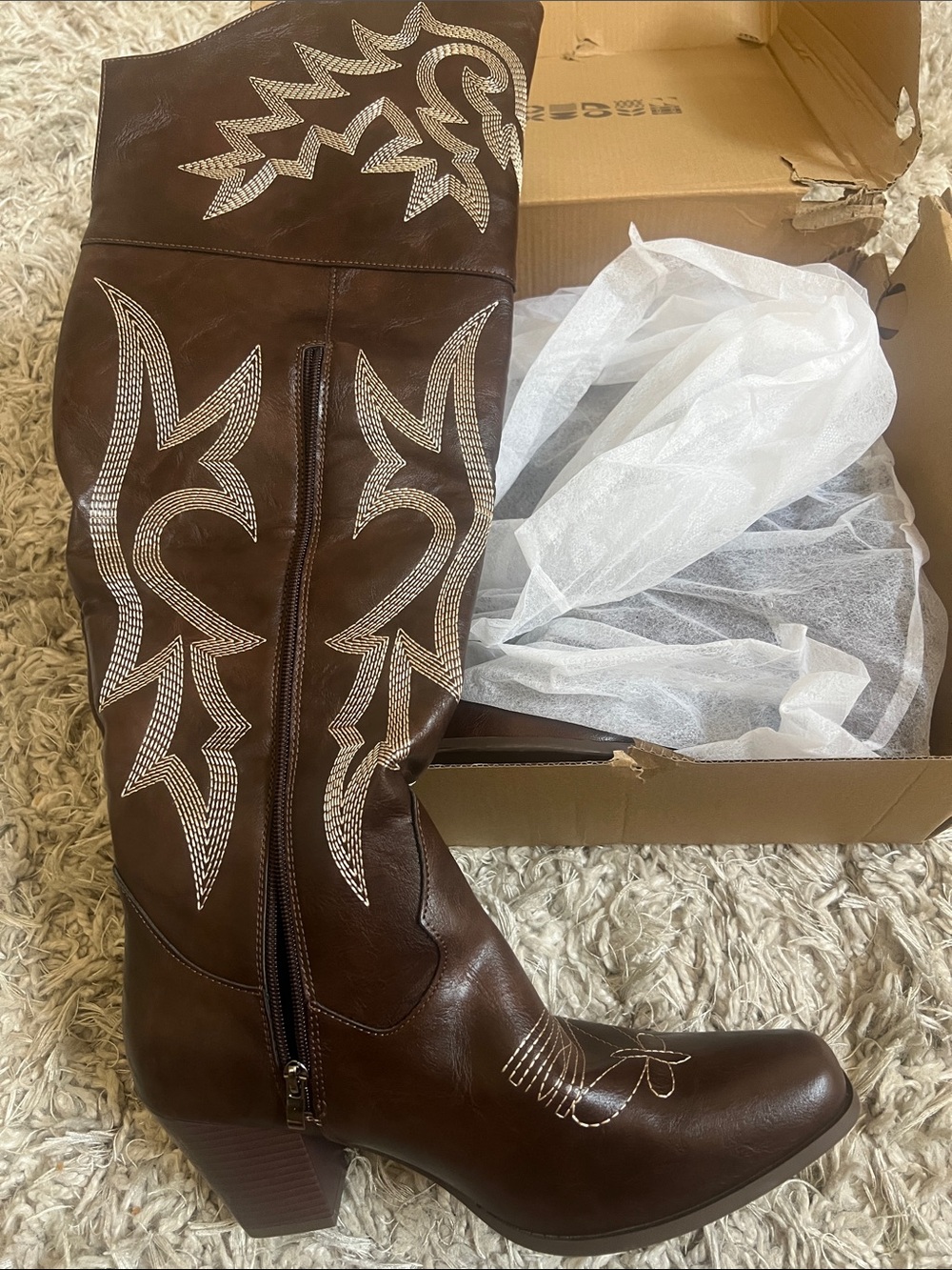 SHEIN Brown Western Embroidered Knee-High Boots